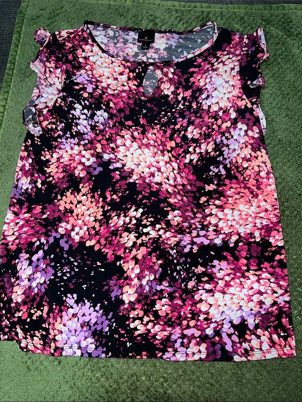 Worthington Black Floral Dot Print Flutter Sleeve Top